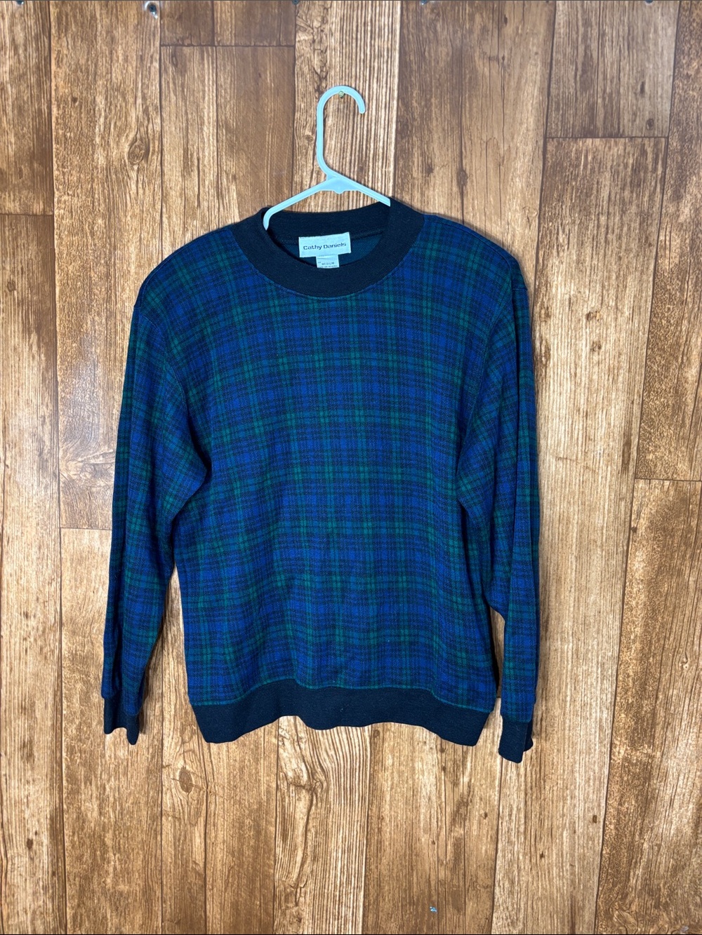 Cathy Daniels Blue and Green Plaid Crewneck Sweater with Padded Shoulders